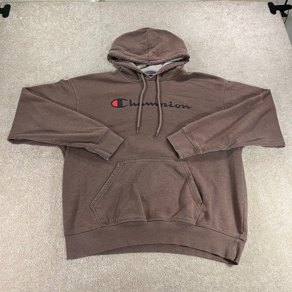 Champion Hoodie Mens Large Brown Script Logo Pullover Sweatshirt